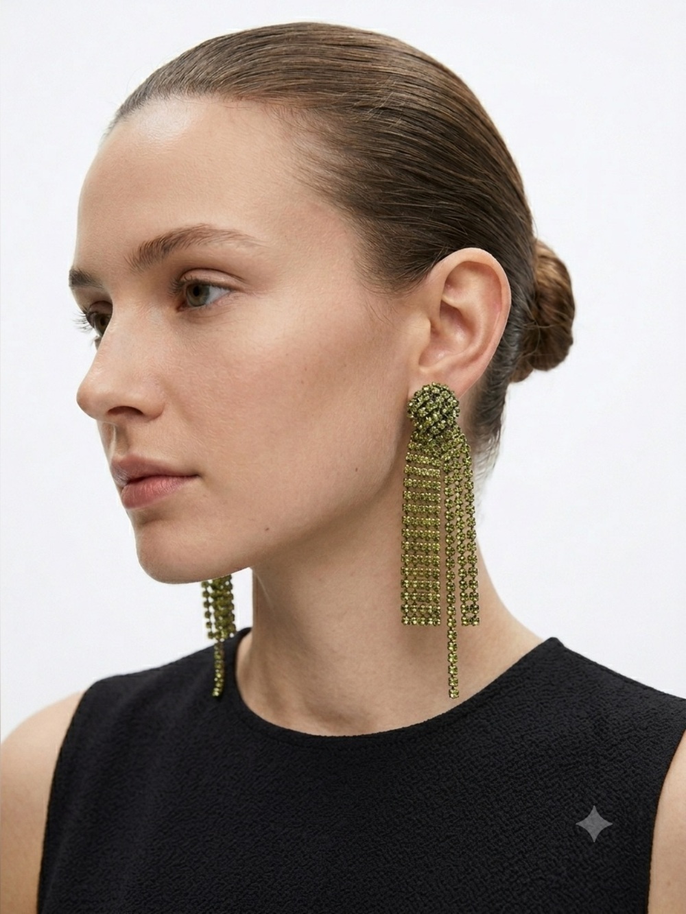 Vintage green rhinestone long chandelier duster statement earrings
